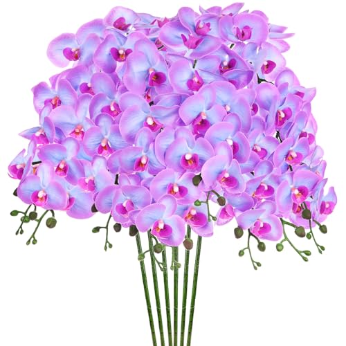 M METERXITY 6-Pack Artificial Orchid Flowers 9 Large Petals 37 Inch Faux Phalaenopsis Silk Bouquets Real Touch Blue Purple Fake Orchids for Home/Wedding/Christmas/Party/Garden Office - color: Blue Purple