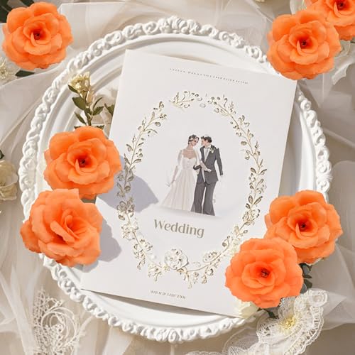Rose Artificial Flowers, 50Pcs Orange Roses Head Flowers Bulk with Stem, 3 Inches Silk Rose Fake Flower Head for Wedding Party Home Decor DIY Baby Shower Centerpieces Tables Decoration(Deep Orange) - color: Deep Orange