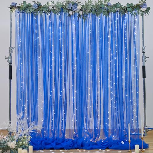 Royal Blue Backdrop Curtains with Lights String for Parites Wedding 10×8ft Sheer Tulle Backdrop Curtain for Graduation Ceremony Baby Shower Birthday Party Prom Photo Shoot Background Decorations - color: Royal Blue, size: 10 ft X 8 ft(2 Panels 5ft X 8ft)
