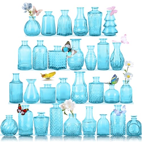 Glass Bud Vase Set, Mini Vases for Flowers, Bulk Vintage Mini Vases for Centerpieces Wedding Decor, Home Flower Décor, Candle Holders, Diffuse Bottles, Hydroponic, (Pack of 30,Sky Blue) - color: Sky Blue, size: 30 pcs