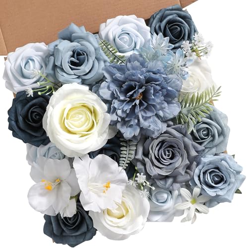 Artificial Flowers Combo Box Set,Dusty Blue Fake Roses Silk Flowers with Stems for DIY Wedding Bridal Bouquets,Floral Arrangement,Table Centerpieces,Baby Shower,Home Decorations - color: Dusty Blue