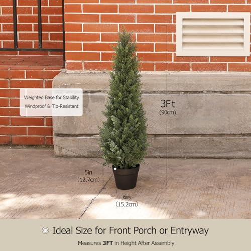 Laiwot 3FT Artificial Topiary Cedar Tree – UV Resistant Faux Potted Plants Outdoor & Indoor, Realistic Fake Cypress Trees for Porch, Front Door, Garden, Entryway, Home Office Decor, Set of 2