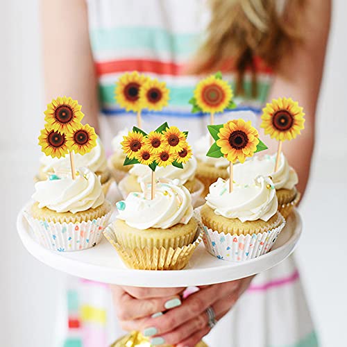36Pcs Printed Sunflowers Cupcake Toppers Yellow Flowers Cupcake Picks for Yellow Floral Birthday Party Sunflower Theme Baby Shower Wedding Anniversary Graduation Party Cake Cupcake Decorations - color: Sunflowers