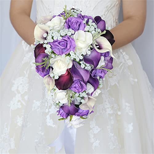 Purple White Wedding Bouquets for Bride Bridesmaid Artificial Flower Handheld Cascade Bridal Tossing Bouquet for Wedding Anniversary Bridal Shower Party Valentine's Day Party Decorations - color: Purple Bouquets