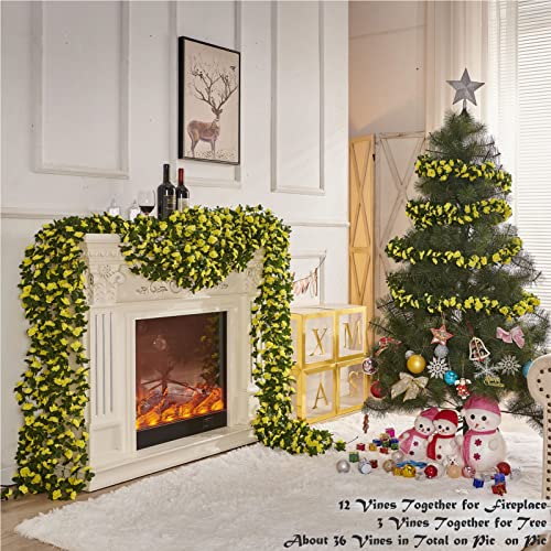 PONKING 8 Pcs x 8.2 ft Flower Garland Artificial Rose Vine Flowers with Green Leaves Hanging Fake Roses Vine for Room Party Home Wedding Birthday Christmas Wall Arch Decor, Spring Yellow Flower - color: Spring-yellow-8pcs, size: 8 Vines 66FT