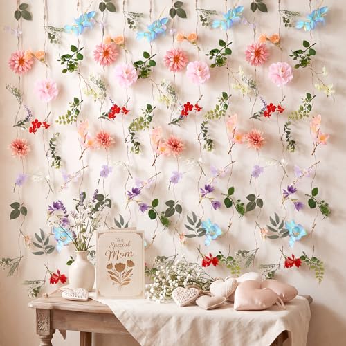 ACOCO 12 Pcs 72FT Artificial Wildflower Garlands, Faux Silk Hanging Flower Vines with Jute Rope & Green Leaves, 3 Styles Fake Floral Garland for Garden Home Decor