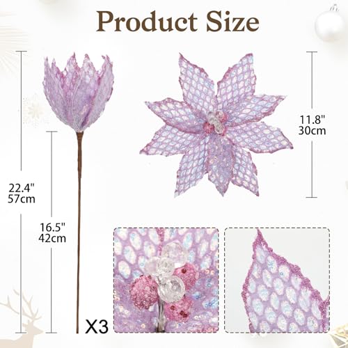 Briful 3PCS Poinsettias Artificial Christmas Flowers 22.4in Long Stem Glitter Mesh Poinsettia Fake Christmas Tree Flower for Xmas Home Wreath Garland Floral Arrangement Holiday Decor, Pale Purple - color: Taro Purple