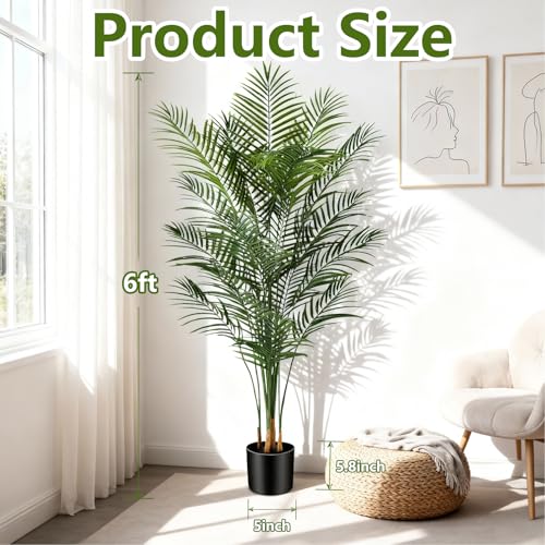 Artificial Palm Tree Indoor 6ft, Large Fake Tropical Areca Palm Tree with 18 Trunks, Faux Dypsis Lutescens Floor Plant in Pot for Indoor Outdoor Home Office Decor & Housewarming Gift - size: 6ft