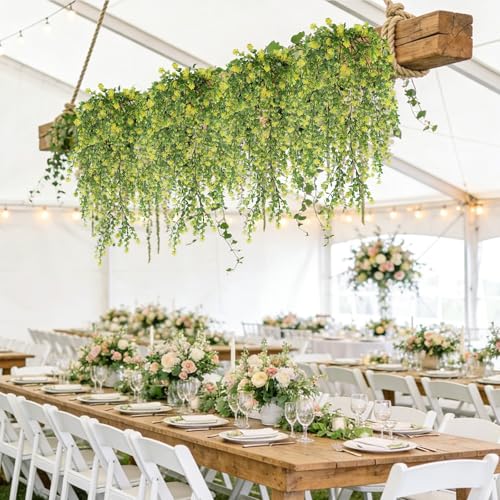 6PCs Artificial Eucalyptus Flowers for Outdoors Yellow Faux Hanging Vines Plants UV Resistant Fake Ferm Plants for Outdoors Home Porch Patio Garden Front Porch Summer Decor(Yellow) - color: Yellow