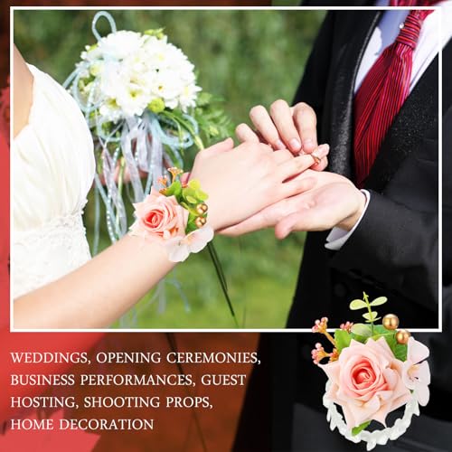 Sherr Pink Set of 12 Rose Wrist Corsages for Wedding Corsage Flower Wristlet Floral Wedding Wrist Bridal Rose Leaf Hand Flowers for Bride Bridesmaid Prom Engagement Festival - color: Pink