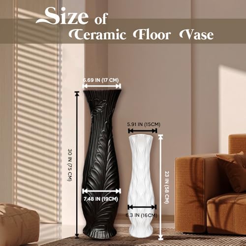 Tall Black Floor Vase 30 inches, Handmade Large Ceramic Vases for Home Decor Living Room, Feather Pattern Decorative Vases Wide Mouth Opening Corner Vase for Pampas Grass - color: Black Feather Pattern