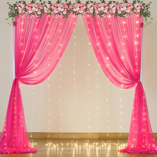 Hot Pink Tulle Backdrop Curtain with Lights for Parties 10x8ft Fuchsia Sheer Backdrop Curtains for Weddings Birthday Baby Shower Photo Shoot Background Decorations - color: Hot Pink, size: 10 ft X 8 ft(2 Panels 5ft X 8ft)