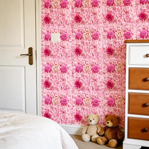 Zythrem 12-Pack Flower Wall Backdrop Rose Pink Backdrop 15×15 Inch Artificial Silk Flower Panels 3D Pink Flower Wall for Wedding Birthday Party Home Event Photography Background - color: Pink