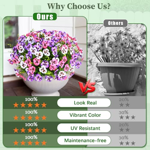 MARTINE MALL 18 Bundles Look Real Artificial Flowers for Outdoors, Realistic Fake Outdoor Flowers UV Resistant Silk Pansy Flower for Outside Faux Flower Plant for Outdoor Porch Yard, Pink+Purple+White - color: Pink+purple+white, size: 18 Bundles