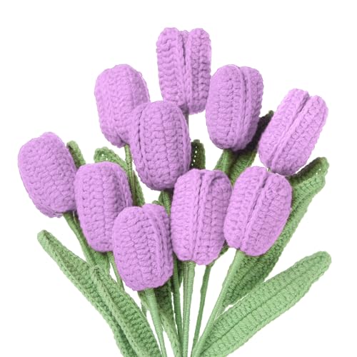 MECCANIXITY Tulip Crochet Flowers, Artificial Knitted Tulip Flower Completed Handmade Tulips Bouquet for Gift Home Birthday Wedding Decoration, Purple Pack of 10 - color: Purple