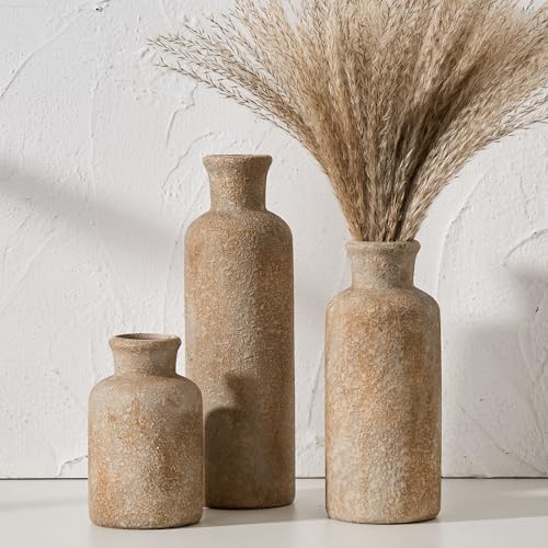 LUKA Ceramic Rustic Farmhouse Vase Set of 3,Terracotta Vases for Decor,Antique Vase for Your Bedroom,Office,Living Room,Fireplace,Bookshelf Decor,Housewarming (10+7.5+5 Inch) - color: Imitation Wood Color