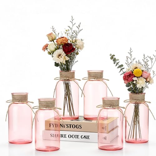 Glass Flower Vases for Centerpieces Boho Cylinder Bud Vases in Bulk Mason Jars for Weddings, Parties & Vintage Home Farmhouse (6, Pink) - color: Pink