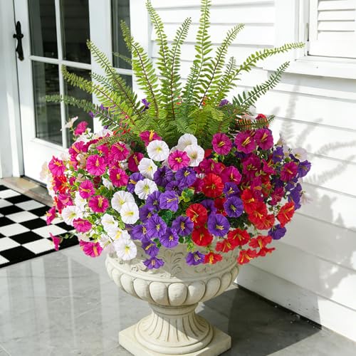 Hrobek Artificial Flowers for Outdoors Faux Plants Outside Indoor,UV Resistant Silk Fake Morning Glory Tall Ferns for Home Patio Garden Back Yard Front Porch Decor (13 Bunches,5 Multi Colors) - color: 5 Color Mixed (3 Purple,3 Light Purple,3 White,3 Red,1
