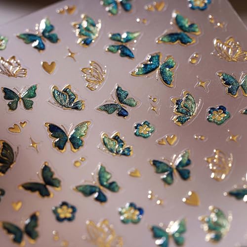Butterfly Nail Art Stickers 5D Jelly Design Blackish Green Nail Decals 1PCS Embossed Gradient Butterfly Wing Adhesive Stickers Accessories Summer Bronzing Nail Decor for Manicure - style: Style7-Green Butterfly