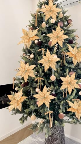 Briful 6 Pack Gold Glitter Christmas Poinsettia Picks, 13.8'' Artificial Floral Stems with Gold Edges & Sparkle Beads, 9.8'' Blossom Holiday Flower Picks for Tree, Wreath, Table Centerpiece Decor - color: Orange#352, size: 12'' POINSETTIA / 6PCS