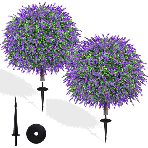 27.5" Artificial Lavender Boxwood Topiary Ball Trees, Set of 2 Fake Shrubs Bushes with Ground Spike, UV Resistant Faux Evergreen Tree for Front Porch Outdoor Garden Decor - color: Purple Lavender
