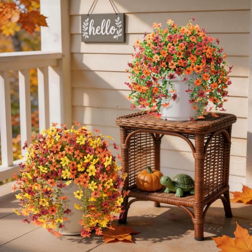 Homsunny Artificial Fake Mums Fall Flowers for Outdoor Decoration | 2 pcs artificial mums,16 branches tips per bunch,realistic and UV-resistant for outdoor use for front,porch,patio balcony - color: Orange Yellow Brown