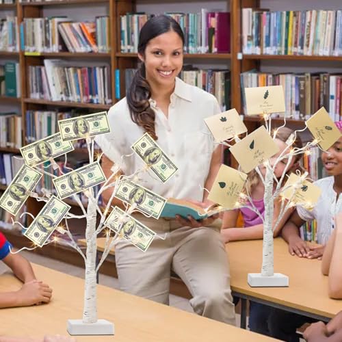 PEIDUO Set of 2 Money Trees, Lighted 22Inch 24LT White Birth Tree with Clips and Greeting Cards, Gift Card Holder for Birthday,Christmas, Wedding, Father's Day Graduation Gifts, Money Tree Gift Holder - style: 2PK Money Tree