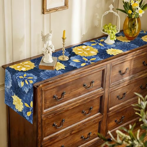 Blue Yellow Dahlia Flower Summer Table Runner Blue Yellow Gray Burlap Table Runners, Spring Floral Coffee Table Center Decor for Home Kitchen Dining Party Indoor Outdoor 13x108 Inch - color: Blue Yellow, size: 13" x 108", Table Runner