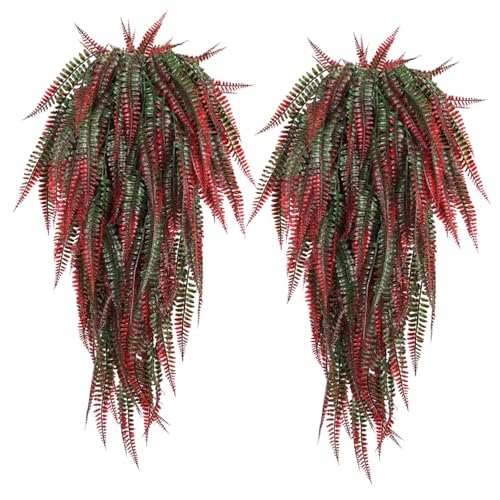 RECUTMS 4Pcs Artificial Boston Fern UV Resistant Fake Hanging Plants Greenery Plastic Ivy Leaves Faux Vines for Wall Garden Wedding Indoor Outdoor Decor (Red) - color: Red