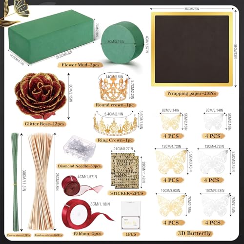 Maysing Money Bouquet Kit 12 Pcs Glitter Roses 20 Sheet Flower Wrapping Paper DIY Flower Bouquet Floral Foam Blocks Sticker for Anniversary Birthday Mother's Day Graduation(Red with Gold Trim) - color: Red with Gold Trim