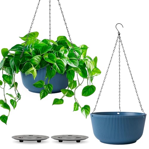 T4U 12 Inch Large Hanging Planters for Outdoor Plants, 2 Pack Self Watering Pots Indoor, Hanging Baskets for Plants,Hanging Flower Pot with Drainage Hole and Plant Hanger, Blue - color: Blue, size: 12 Inch