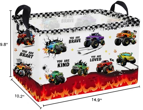 Essme Rectangular Car Baskets,Monster Truck Storage Box,Cute Basket with Handles for Room Decor, Book Bins,Shelf Basket.(Flame truck) - color: Flame truck