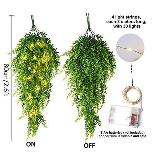 RECUTMS Artificial Boston Ferns 4 Pack Fake Hanging Plants with 30 LED Lights Faux Ivy Vine Leaves Plastic Greenery UV Resistant for Home Bedroom Wall Porch Garden Wedding Decor (Green) - color: Green-light