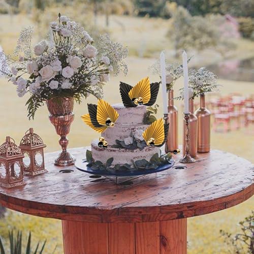 28 Pack Black Gold Balls & Palm Leaves Cake Toppers - Foam Balls & Paper Palm Leaf Cake Inserts for Birthday, Wedding, Baby Shower & Party Decorations - color: Black Gold