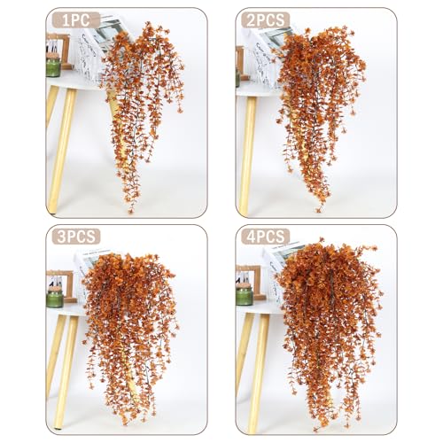 SJL Artificial Hanging Mums Flowers Outdoor, Fake Hanging Fall Flowers UV Resistant Faux Mums Plants Artificial Greenery Vines for Home Garden Porch Wedding Party Decor 4Pcs (Brown) - color: Brown