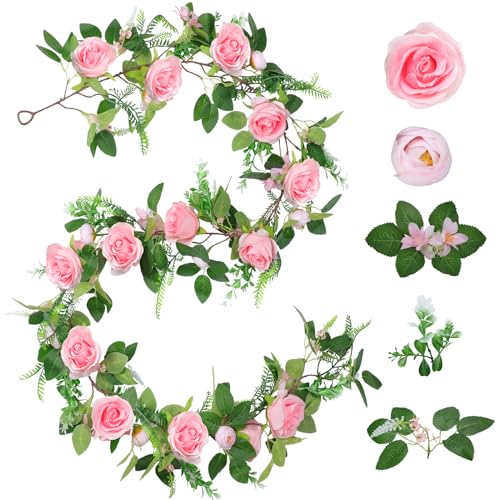 Naidiler Full Pink Flower Garland, 6.2FT Artificial Rose Floral Vine Pretty Spring Pink Flower Garland for Wedding Arch Decor Home Backdrop Wall Table Centerpiece Valentines Decoration - color: Pink Green
