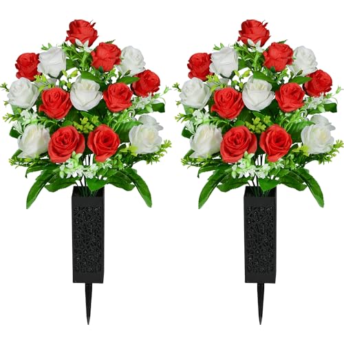 Artificial Cemetery Flowers, Set of 2 Grave Memorial Flowers with Vase, Artificial Rose Bouquet for Cemetery Headstones Gravesites Decoration (Red & White) - color: Red & White