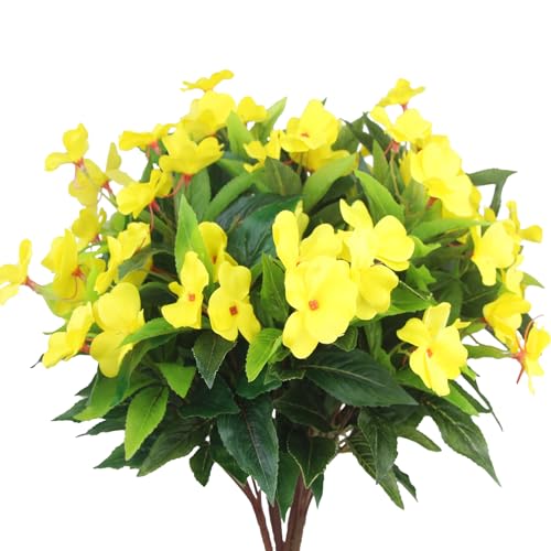 CITYES 4 Pcs Artificial Flowers Outdoor Impatiens UV Resistant Silk Impatiens Flowers Yellow Faux Flowers Impatiens Bushes Artificial Impatiens for Pot Patio Lawn Garden Hanging Basket Porch Decor - color: Yellow