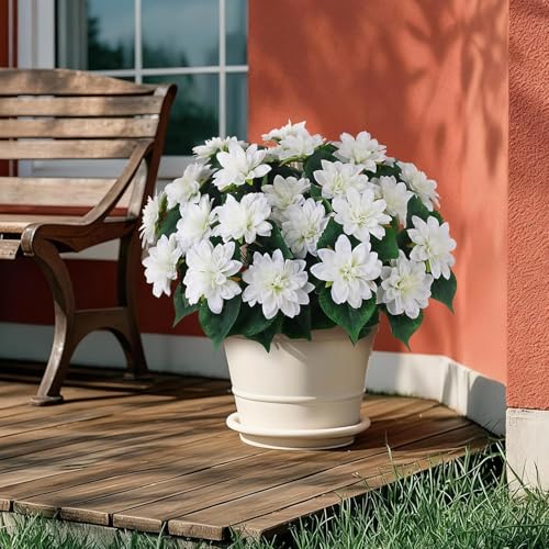 2 Set of Artificial Dahlia Topiary Ball Trees - Fake Silk Dahlia Flower Bushes, UV Resistant Faux Floral Shrub Potted for Front Door Porch Farmhouse Wedding Outdoor Decor (White) - color: White