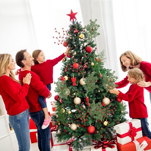 Sggvecsy 30 Pcs Artificial Pine Branches Fake Greenery Pine Picks with Pine Cones Artificial Red Berry Branches Christmas Pine Needles for DIY Wreath Xmas Embellishing Flower Arrangements Decoration