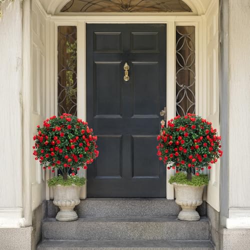 AOKIIE 24" Artificial Boxwood Topiary Bushes UV Resistant for Outdoor 2PCS | Artificial Shrubs with Ground Spike, Fake Outdoor Plants with Red Flowers for Indoor & Outdoor Garden, Yard, Porch, Patio - color: Redflower-boxwood