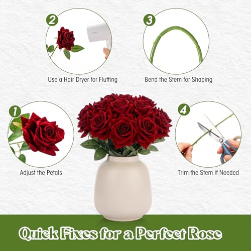 Zeyune 10 Pcs Velvet Red Fake Roses Artificial Flowers, and Real to Touch Rose Faux Long Stem Florals for DIY Wedding Centerpieces Party Home Decor