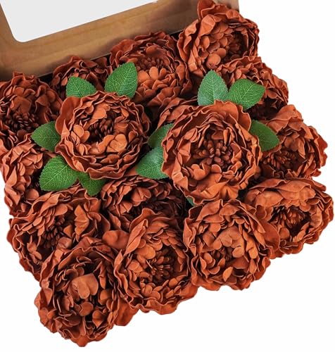 16pcs Burnt Orange, Terracotta & Orange Peony Artificial Flowers, Realistic Fall Foam Flowers with Stems for Autumn Wedding Bouquets, DlY Centerpieces & Home Decor - color: Terracotta & Orange