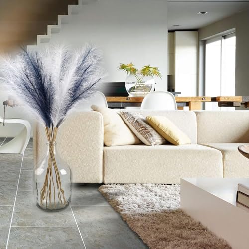 12 Pcs Navy Blue and White Pampas Grass Decor 38"/3.1FT Tall Fake Pompas Floral Large Artificial Pompous Grass Branches Plants for Floor Vase Filler Home Boho Decoration - color: Blue&white