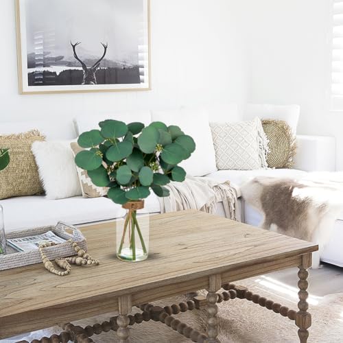 Briful Artificial Eucalyptus Stems in Clear Glass Vase with Faux Water, 14" Fake Plant Eucalyptus Leaves for Home Office Farmhouse Wedding Centerpiece Décor - color: Dark Green