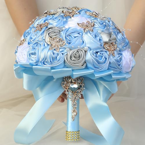 Handmade Wedding Flowers Bouquet Round Holding Bridal Bouquet Artificial Satin Roses Bunch for Bride Bridesmaid Wedding Quinceanera - color: Light Blue, Silver & White, size: Small (Dia. 7.5"/19cm)