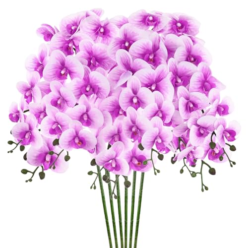 M METERXITY 6-Pack Artificial Orchid Flowers 9 Large Petals 37 Inch Faux Phalaenopsis Silk Bouquets Real Touch Dark Purple White Fake Orchids for Home/Wedding/Christmas/Party/Garden Office - color: Dark Purple White