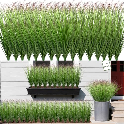 80 Bundles Fake Grass Plants Artificial Plants Outdoor Faux Plants Tall Shrubs Wheat Grass Greenery Stems UV Resistant Onion Grss For Outside Planters Indoor Room Vase Home Decor（Green Red Tail） - color: Green Red Tail, size: 80-Pack