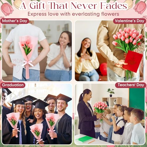Zeyune Graduation Gifts Mini Faux Tulip Bouquet Kit, 10 DIY Artificial Tulip Flower Bouquets with Wrapping Paper and Ribbons, Class of 2026 Party Favors Gifts for Students Teachers Guests(Pink) - color: Pink