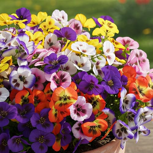 CEWOR Artificial Flowers for Outdoor Indoor, Fake Silk Pansy with Eucalyptus Leaves, Faux Flower for Garden Front Door Porch Planter Patio Home Decor (24 Bundles, Yellow White Purple Pink Orange Blue) - color: 6 Color Pansy